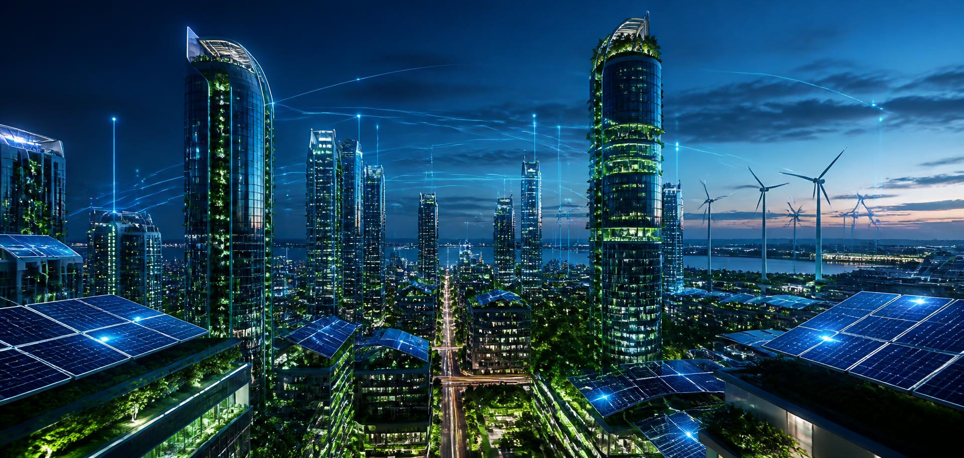 Futuristic sustainable smart city at night with vertical gardens, solar arrays, wind turbines and glowing data networks